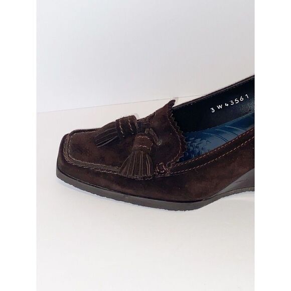Stuart Weitzman Wedge Loafer Heel Suede Tassel Size 7 Classic Brown Y2K Retro - Picture 9 of 16
